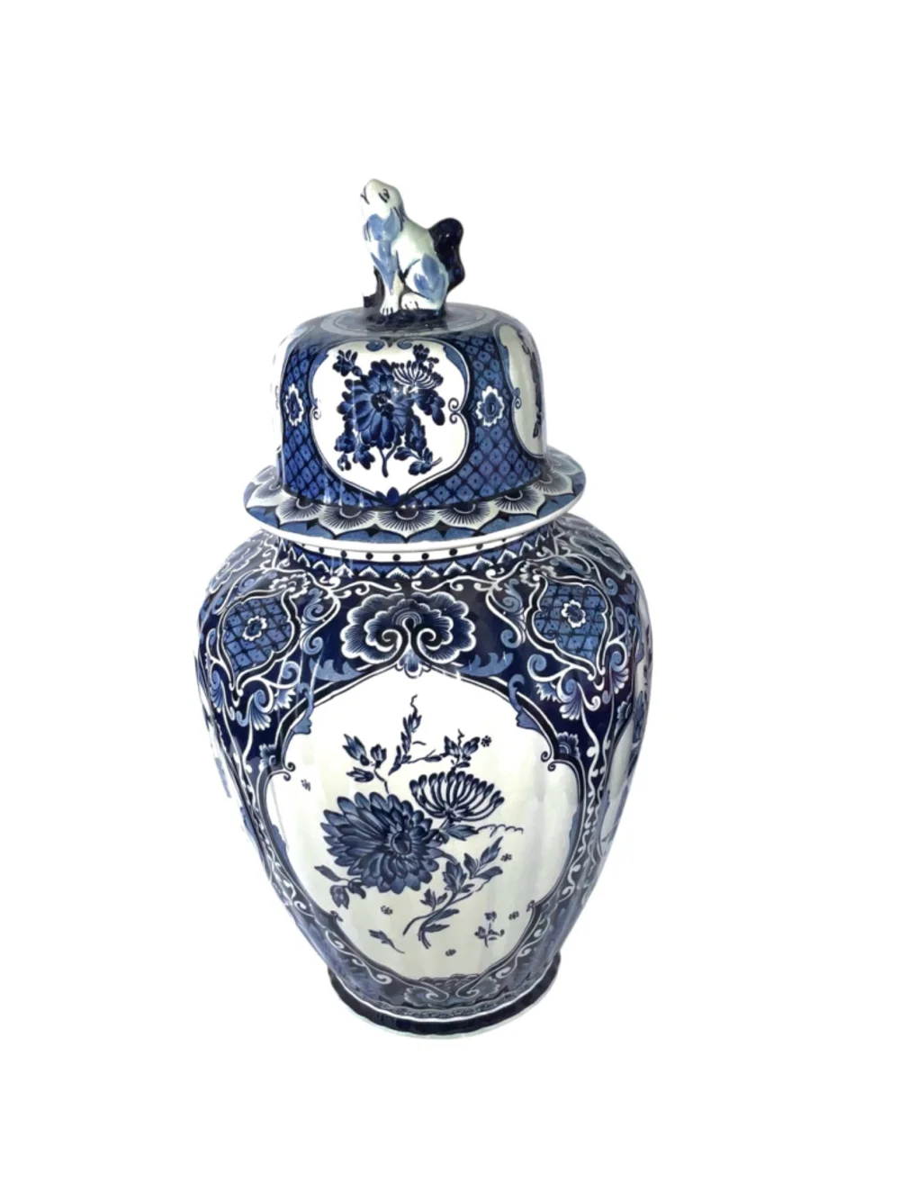 Royal Boch Belgium Delft Blue White Lidded Ginger Jar Foo Dog Finial Vase 18”